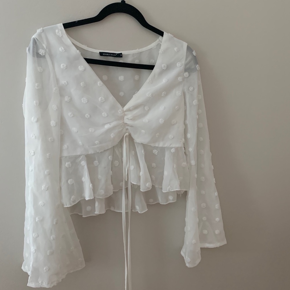 White Polka Dot V-Neck Blouse Bell Sleeves